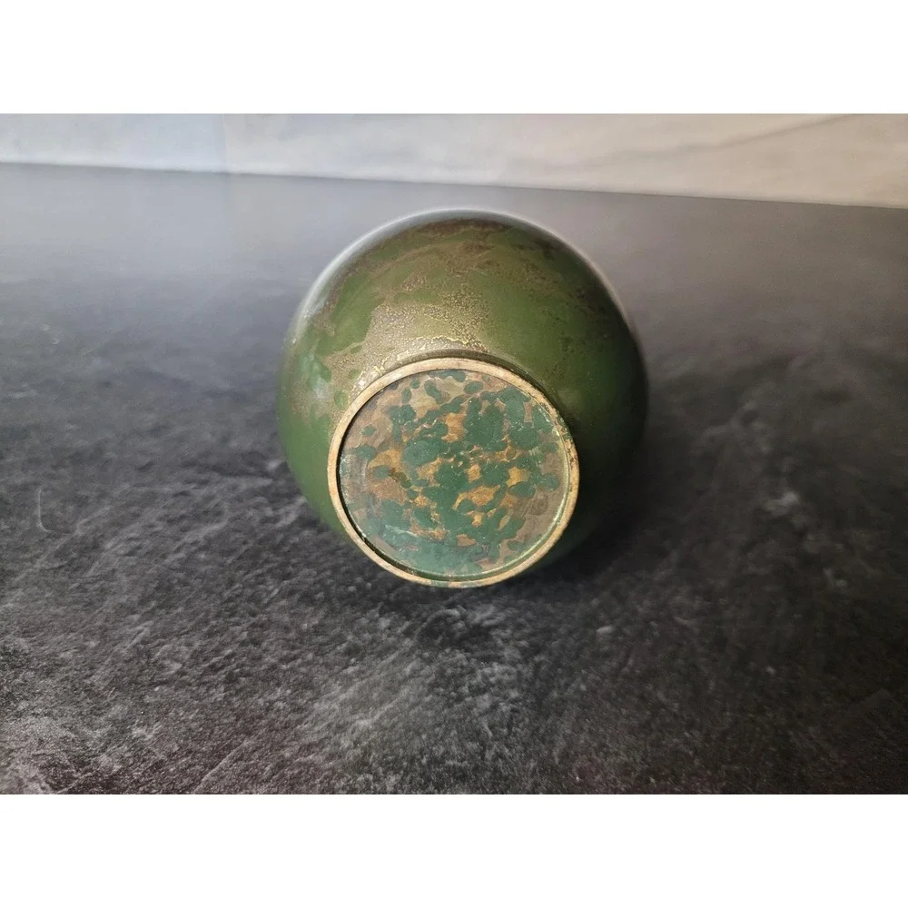 Vintage Miniature‎ Brass Bud Vase Green Gold Enamel Verdigris Trumpet Neck 4.5
